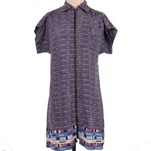 Charlotte Ronson Purple & Black Design Dress 100% Silk Short Sleeve Full Zip M